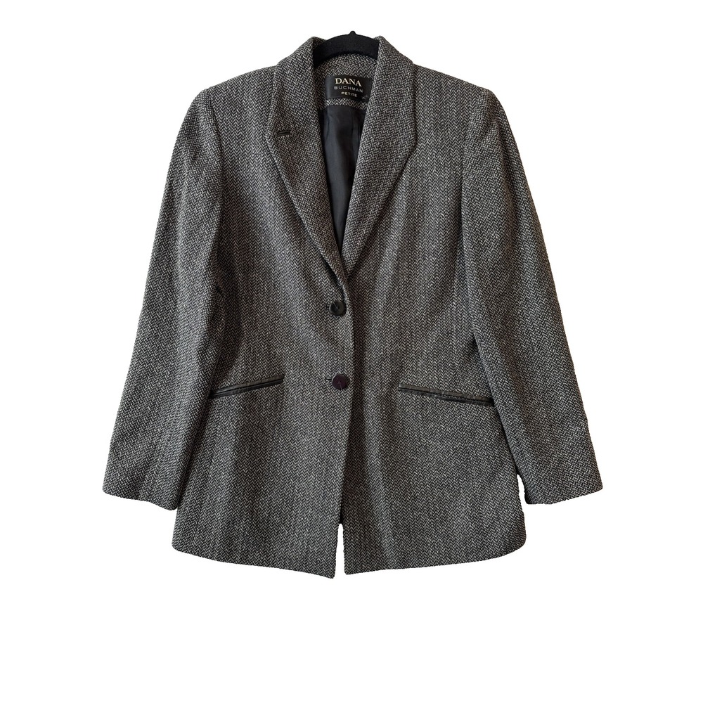 Dana Buchman Petite 6 Blazer Jacket Gray Herringbone Tweed Vtg 90s Dark Academia